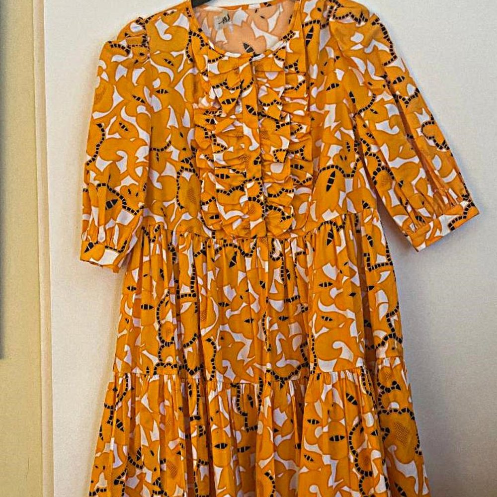 Diane Von Furstenberg Ruffle Lantern Sleeves Cotton Dress Orange S Retail $479